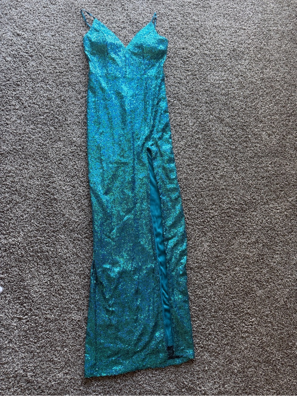 Honey and Rosie Teal Glitter Spaghetti-Strap Prom Gown